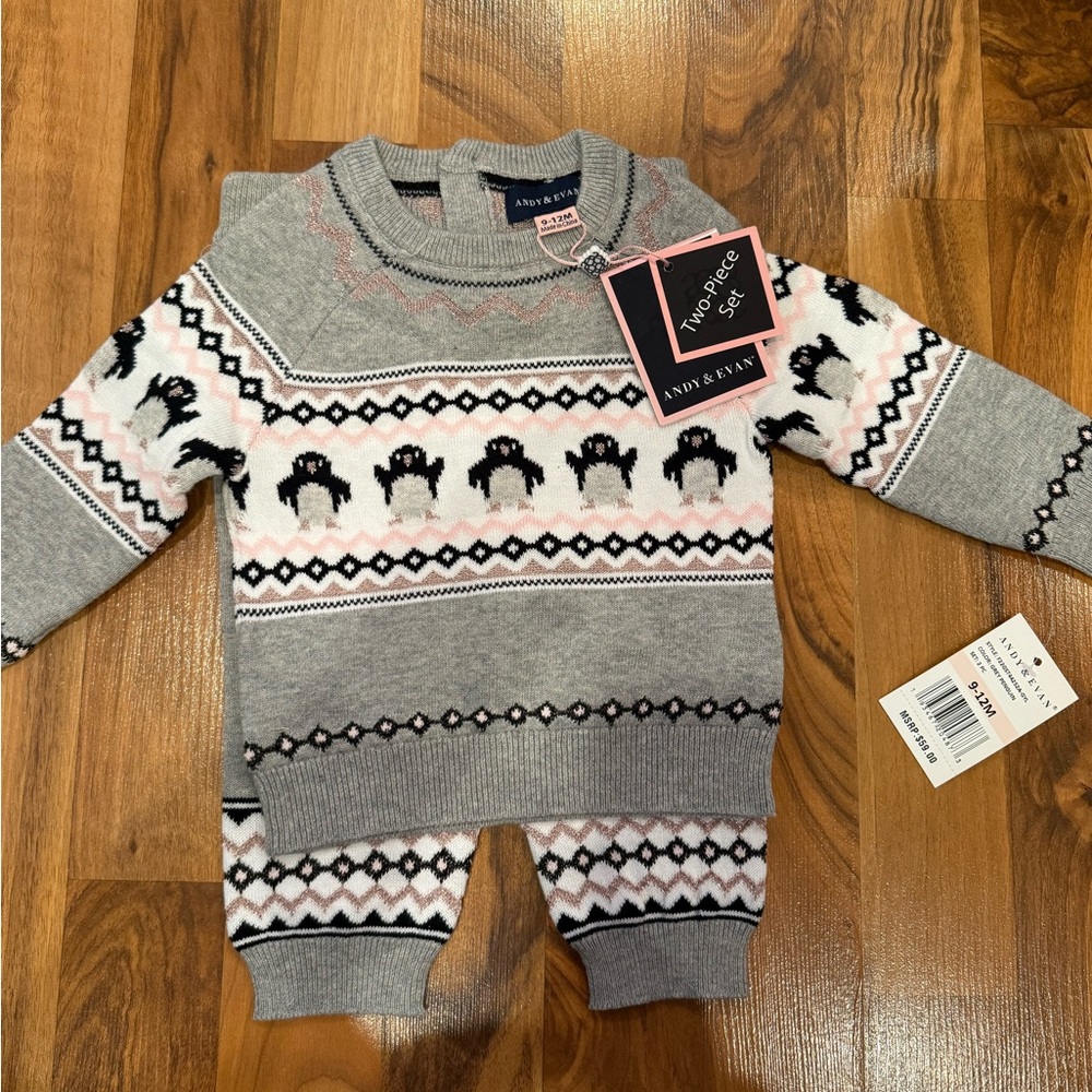 Andy and Evan 2 piece‎ fair isle penguin sweater set size 9-12 months